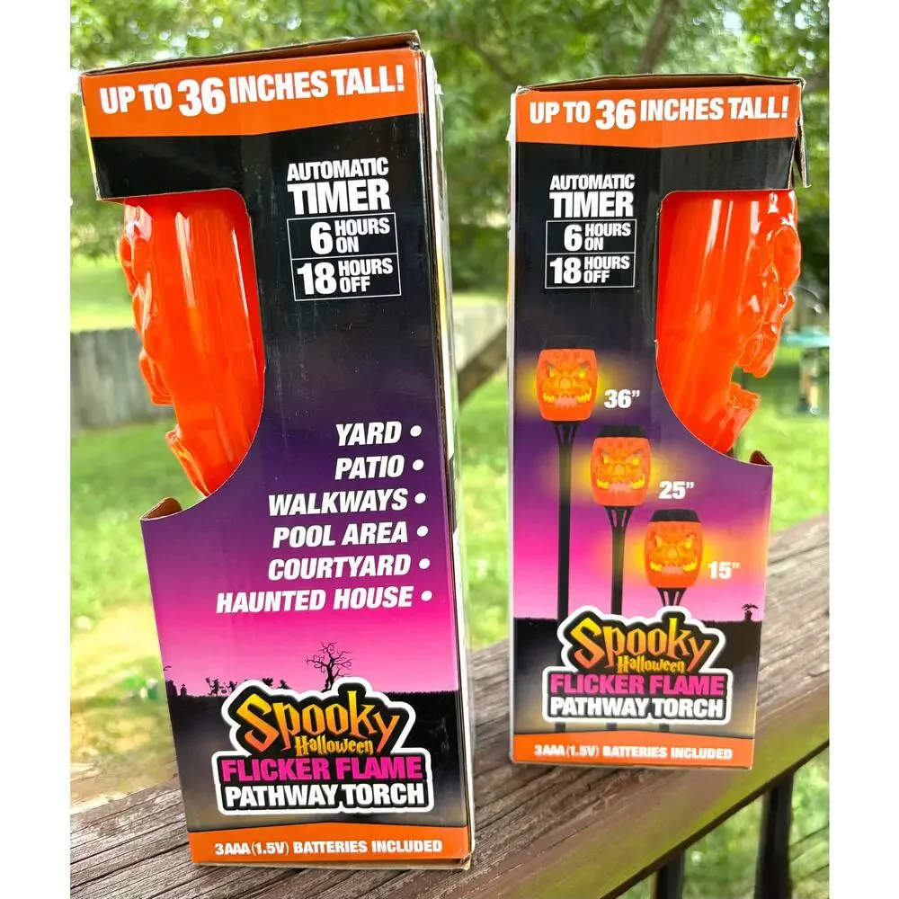 Set of Two - Spooky Halloween Flickering Flame Pathway Torch Jack-o'-Lantern